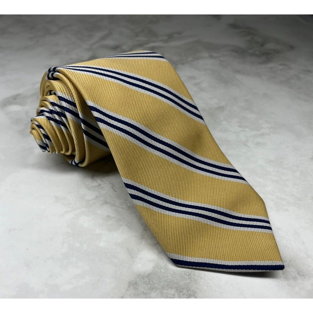 Rooster Repp Silk Men's Necktie Striped Yellow Blue *Flaw‎ Missing Brand Label